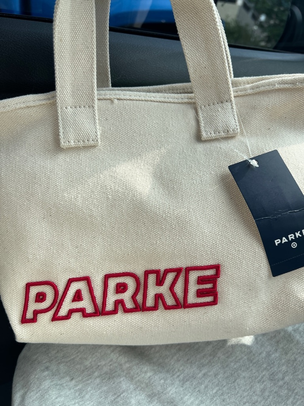 PARKE X Target mini Canvas Tote Bag in Cream with Red Embroidery